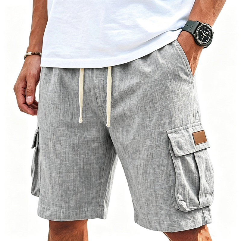 Men Chambray Textured Drawstring Waist Dual Flap Cargo Pocket Casual Five Inch Shorts
