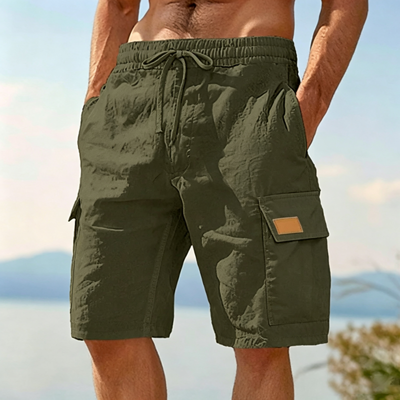 Men Textured Woven Drawstring Elastic Waist Flap Cargo Pocket Casual Beach Shorts