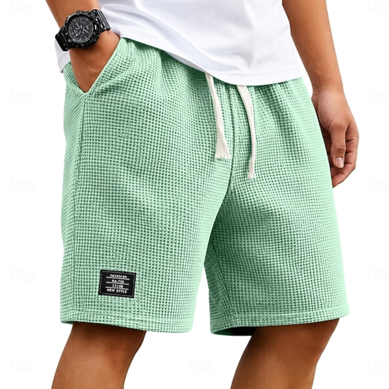 Men Waffle Knit Drawstring Elastic Waist Label Decor Casual Five Inch Sweat Shorts
