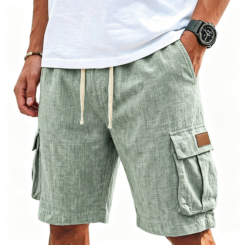 Men Chambray Textured Drawstring Waist Dual Flap Cargo Pocket Casual Five Inch Shorts