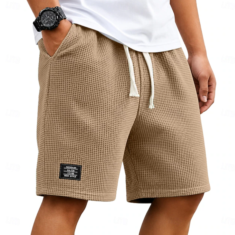 Men Waffle Knit Drawstring Elastic Waist Label Decor Casual Five Inch Sweat Shorts