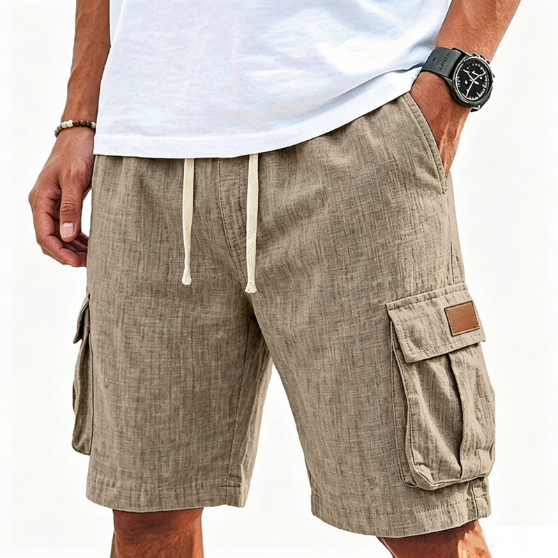 Men Chambray Textured Drawstring Waist Dual Flap Cargo Pocket Casual Five Inch Shorts
