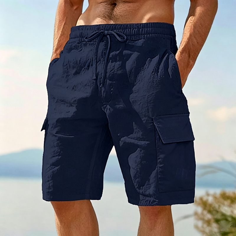 Men Textured Woven Drawstring Elastic Waist Flap Cargo Pocket Casual Beach Shorts