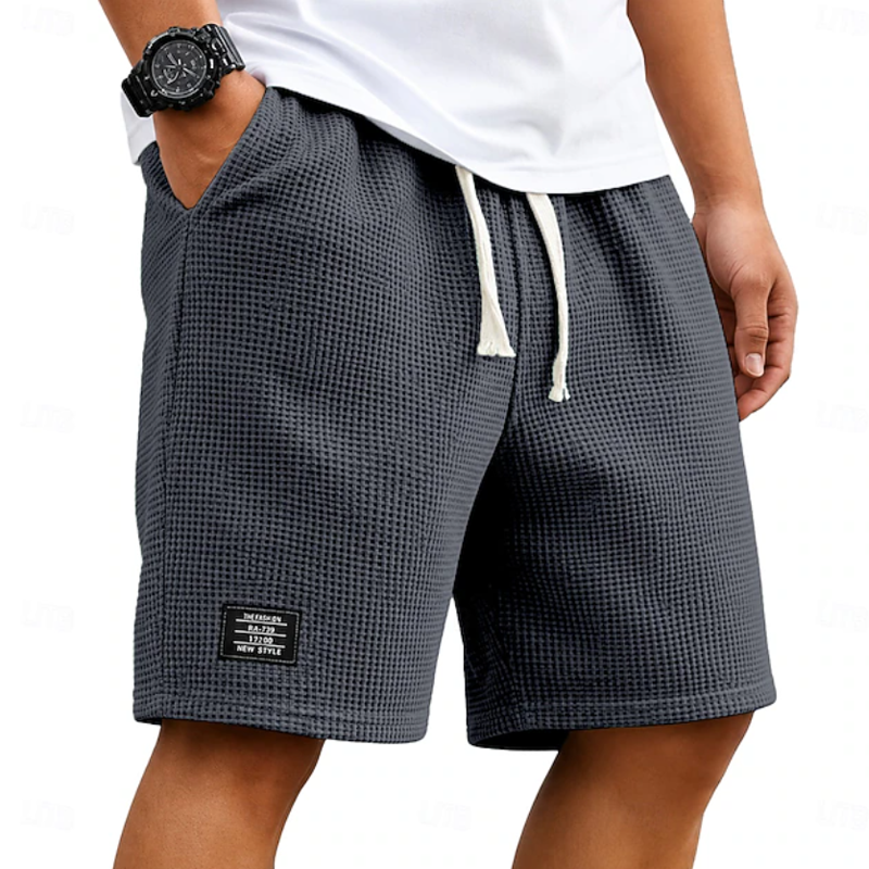 Men Waffle Knit Drawstring Elastic Waist Label Decor Casual Five Inch Sweat Shorts