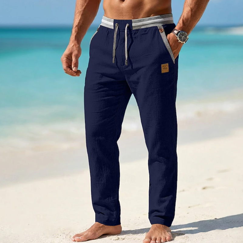 Men Striped Elastic Waist Drawstring Linen Blend Ankle Length Casual Pants