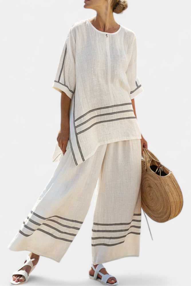 Completo Chic a Righe - Pantalone Largo e Blusa Asimmetrica per Donna