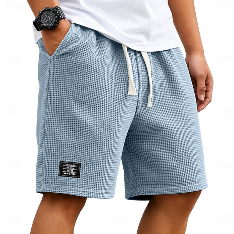 Men Waffle Knit Drawstring Elastic Waist Label Decor Casual Five Inch Sweat Shorts