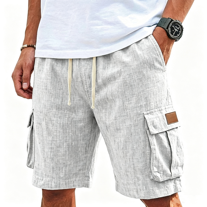 Men Chambray Textured Drawstring Waist Dual Flap Cargo Pocket Casual Five Inch Shorts