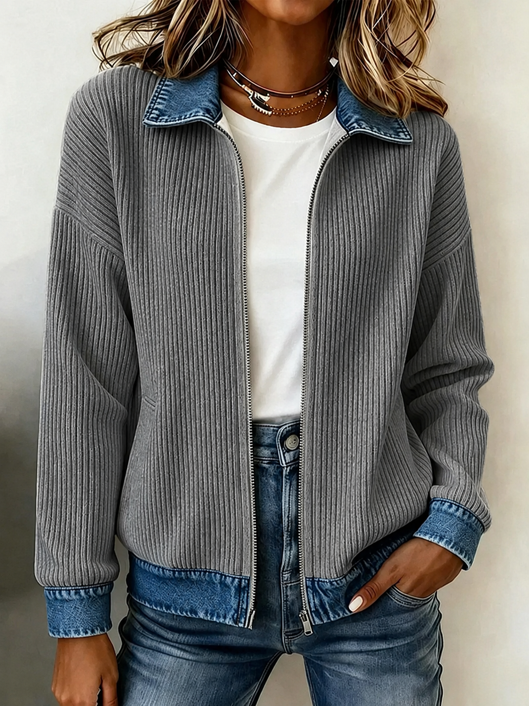 🎁New Arrivals 🔥Women's Casual Ribbed Knit Zip-Up Jacket with Contrast Denim Details