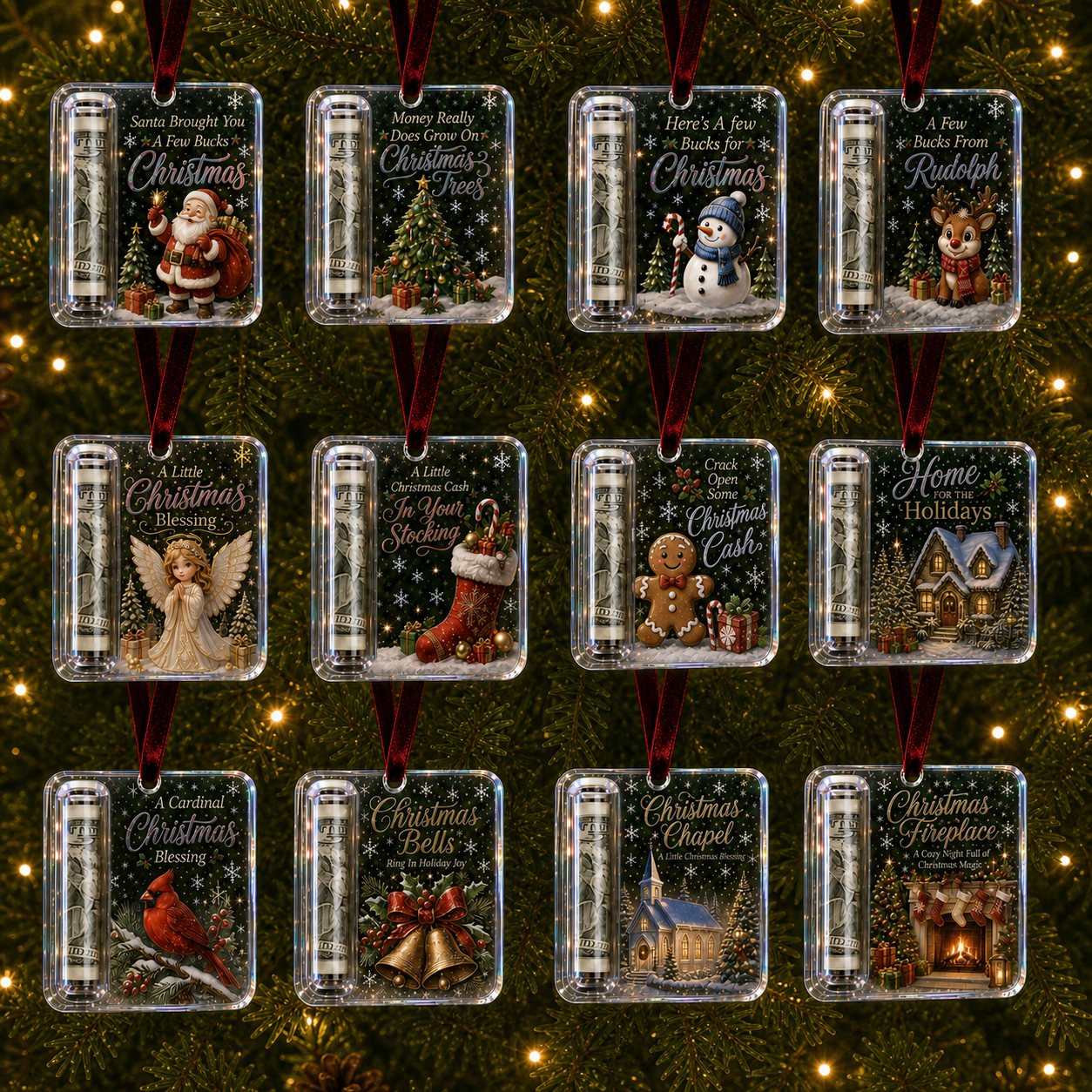 Complete collection bundle with all 12 available Christmas cash gift ornament styles