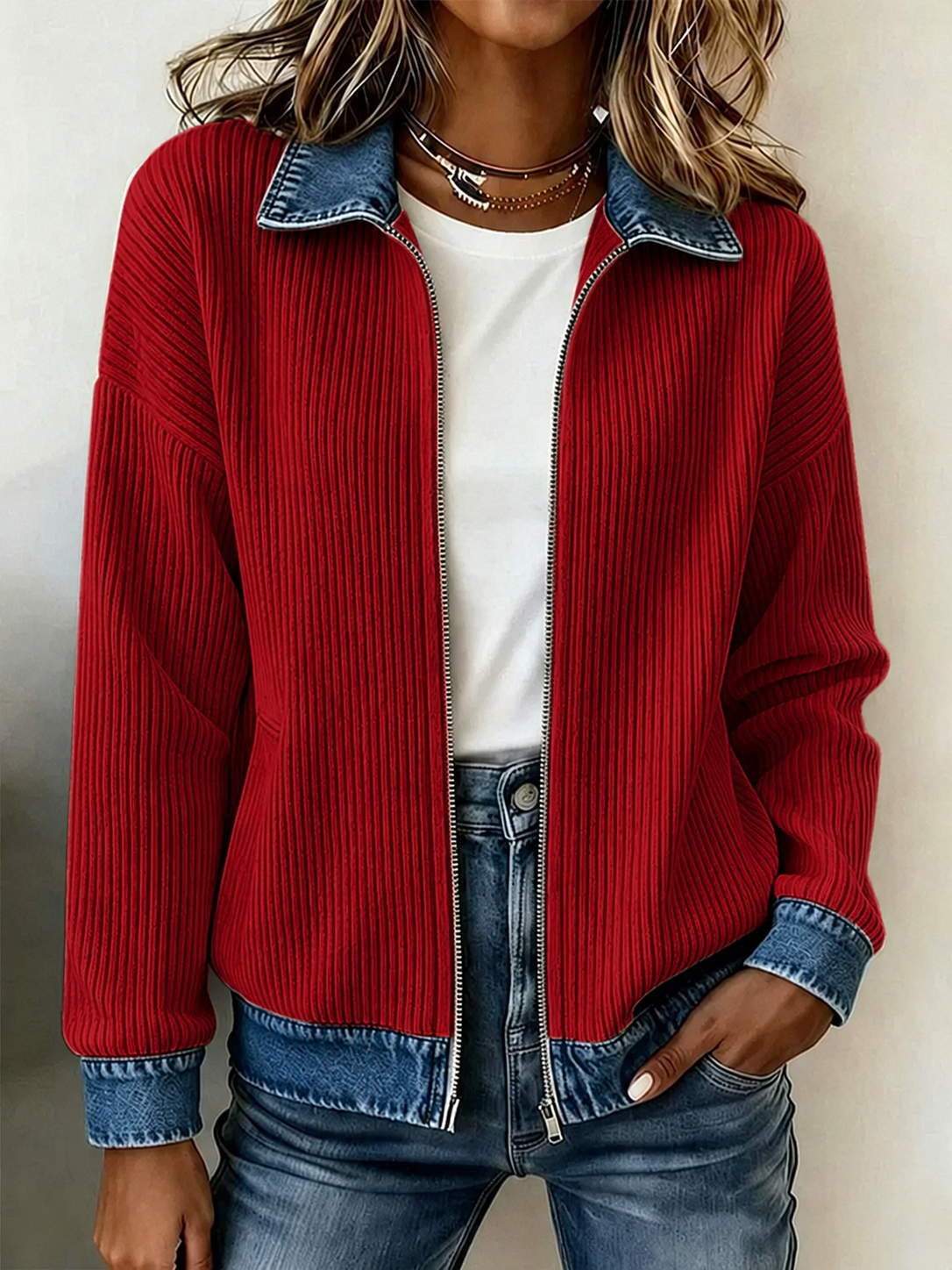 🎁New Arrivals 🔥Women's Casual Ribbed Knit Zip-Up Jacket with Contrast Denim Details