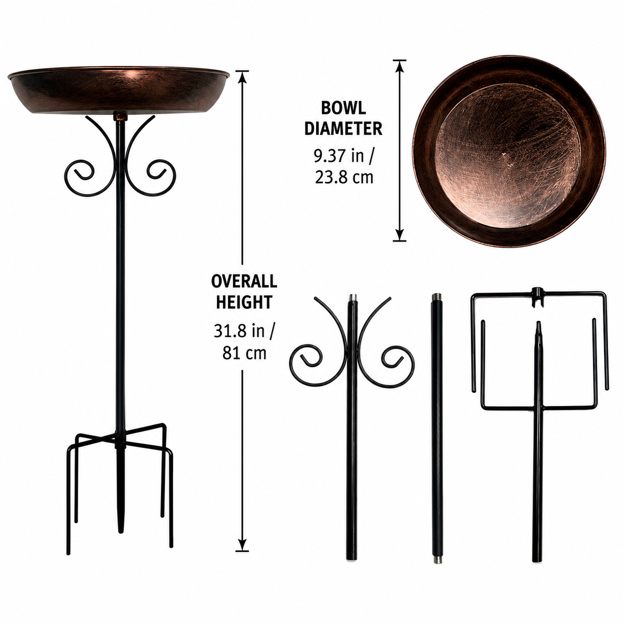 Bird bath size guide showing 31.8 inch height and 9.37 inch bowl diameter