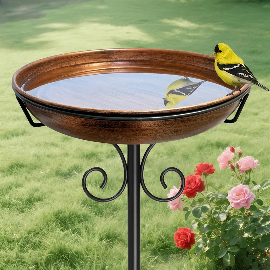 Copper-coated bird bath with five-pronged garden stake