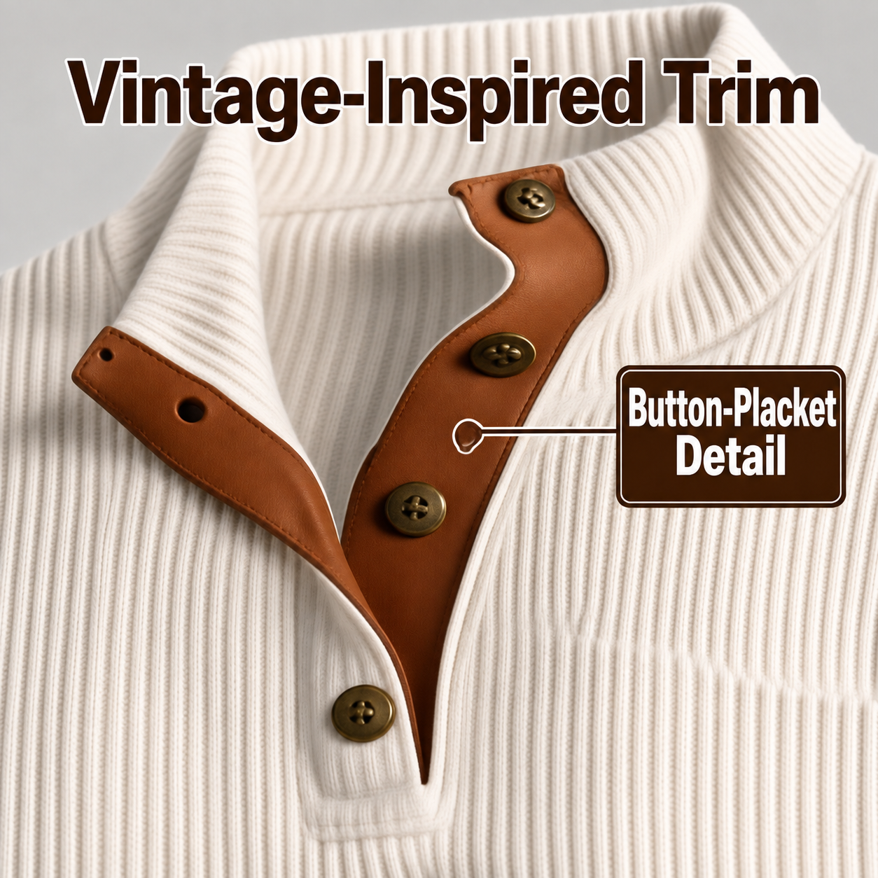 Men's stand-collar pullover - vintage-inspired button-placket trim