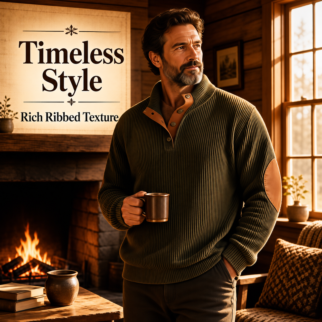 Men's olive ribbed pullover - timeless casual style