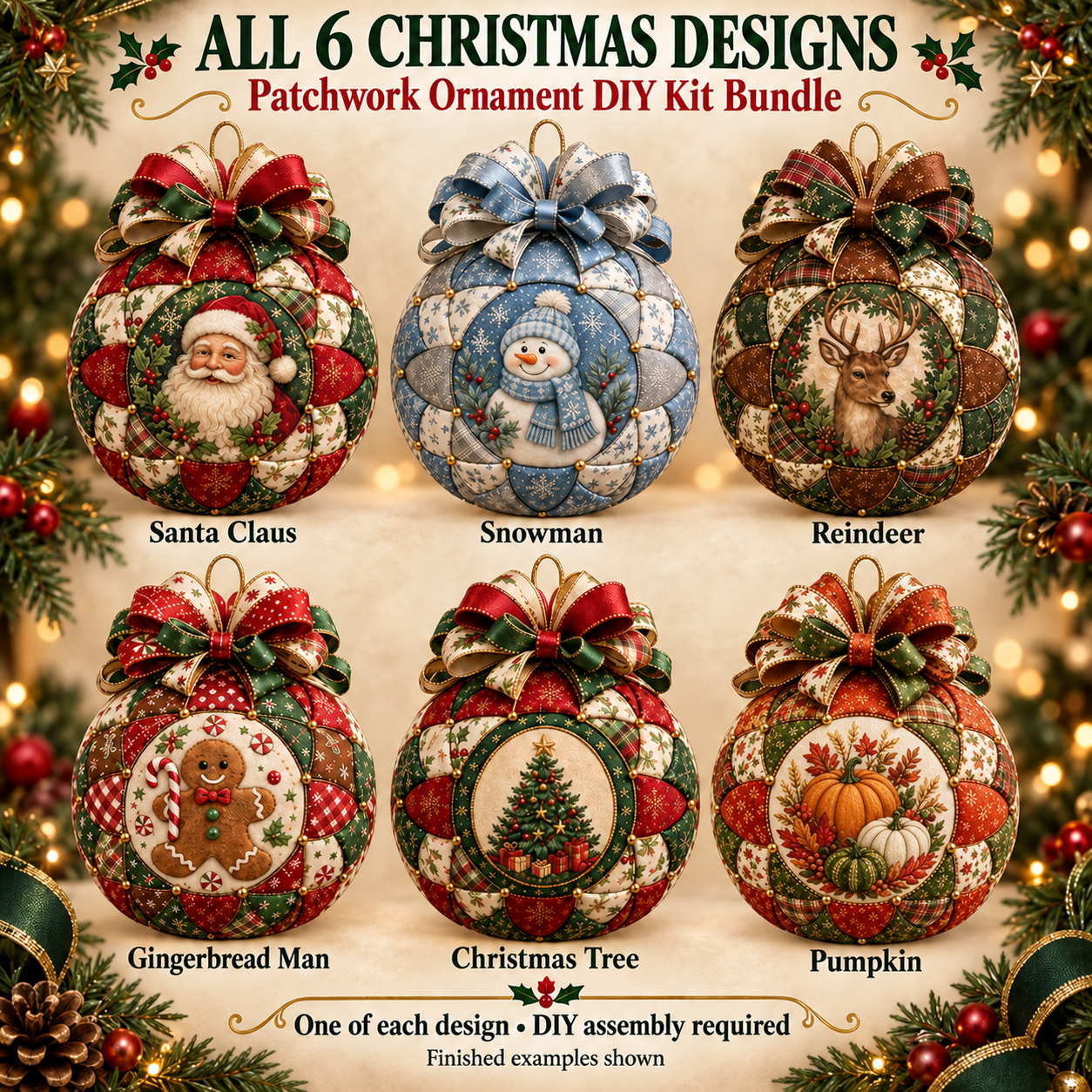 All 6 designs: Santa Claus, Snowman, Reindeer, Gingerbread Man, Christmas Tree and Pumpkin. One of each design. DIY assembly required; finished examples shown.