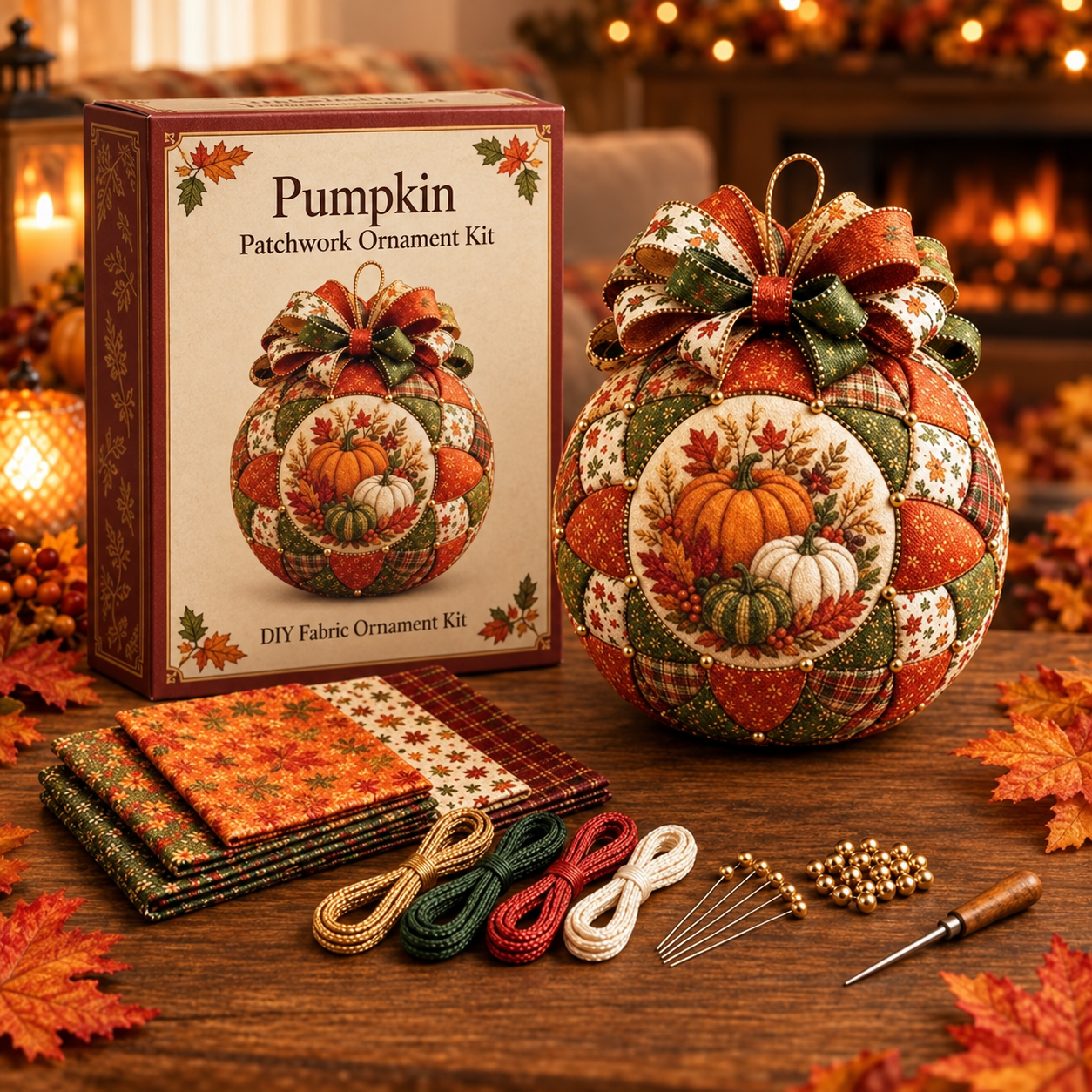 Pumpkin Patchwork Ornament DIY Kit with matching packaging. Finished example shown.
