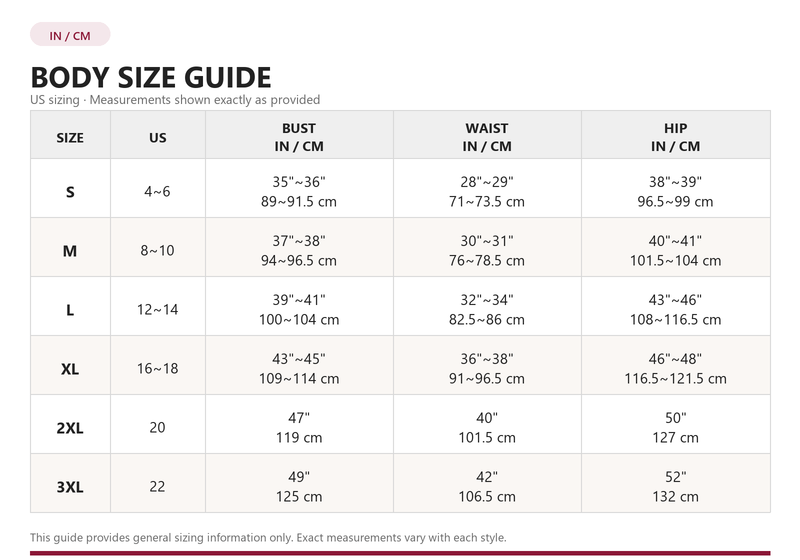 Body size guide in inches and centimeters
