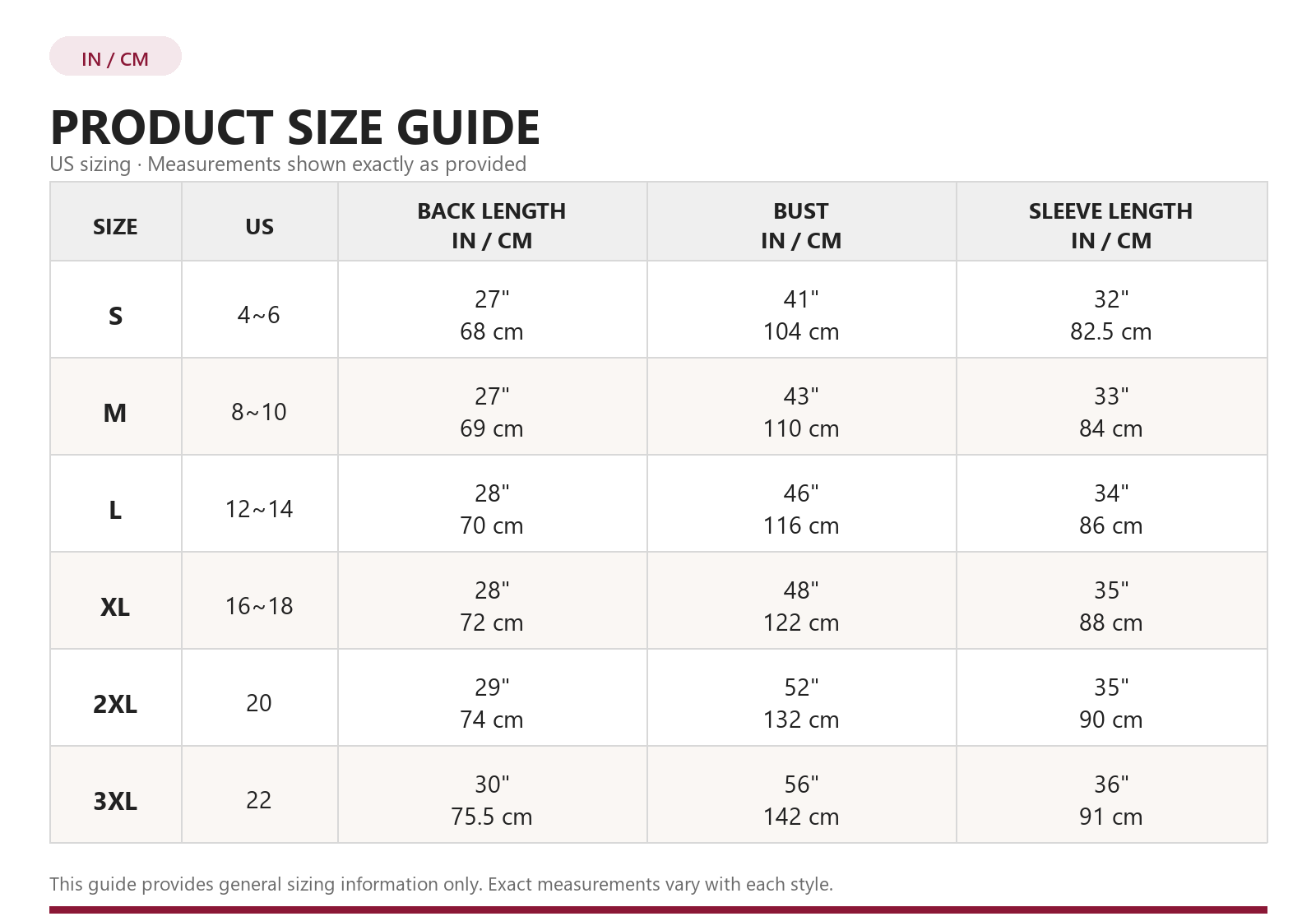 Product size guide in inches and centimeters