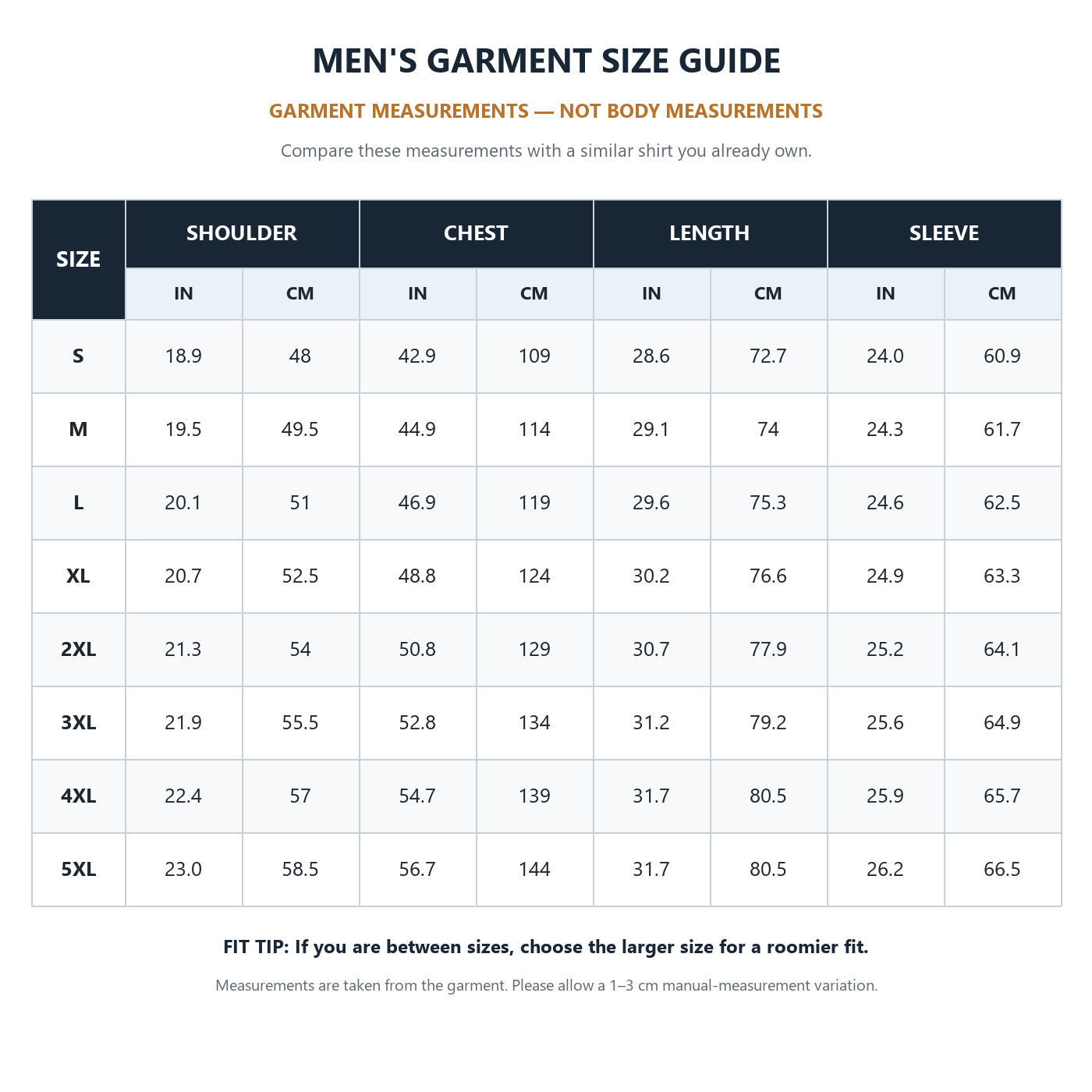 Men's waffle-knit shirt garment size guide in inches and centimeters