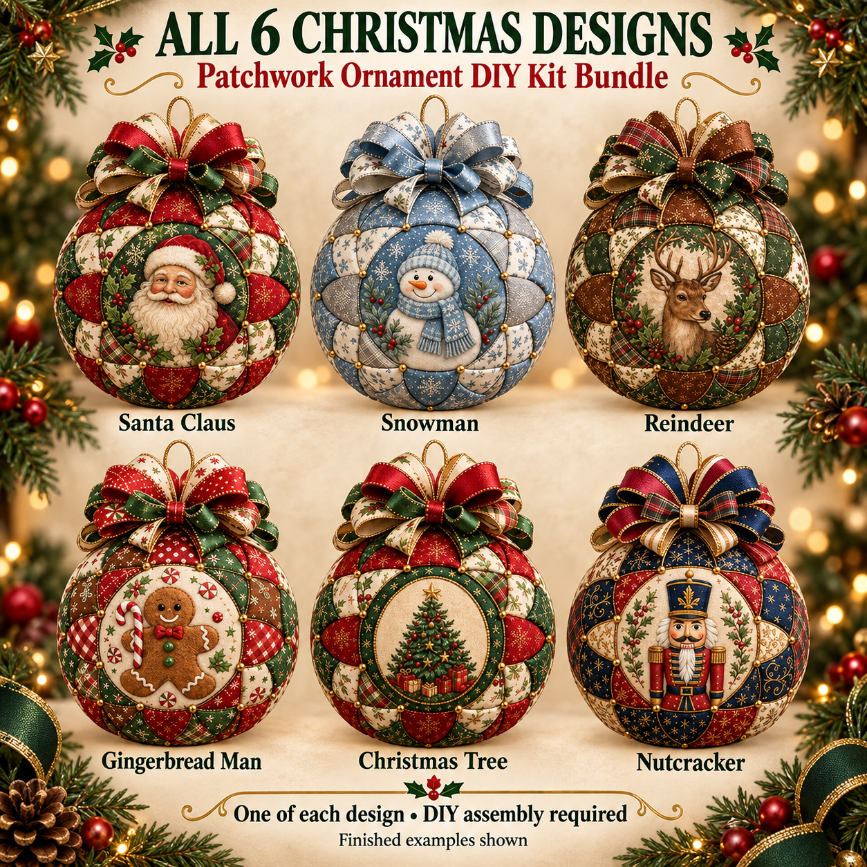 All 6 Christmas designs: Santa Claus, Snowman, Reindeer, Gingerbread Man, Christmas Tree and Nutcracker. One of each design. DIY assembly required; finished examples shown.