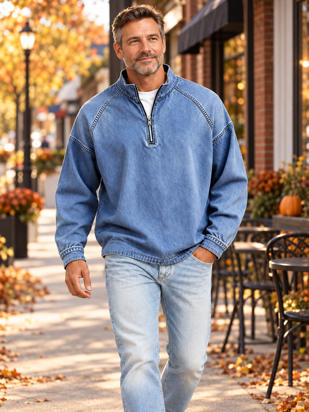 Mature man wearing the blue quarter-zip pullover in an autumn setting