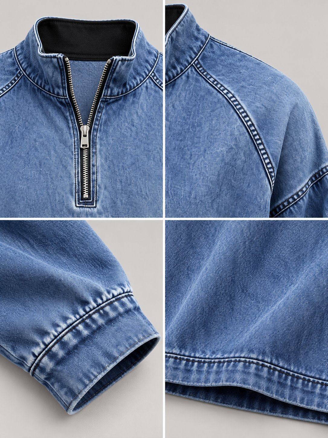 Close-up details of the collar, zipper, raglan seams, cuff, hem and fabric