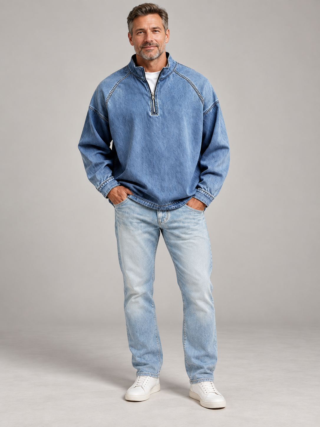 Mature man wearing the blue vintage quarter-zip pullover, front view