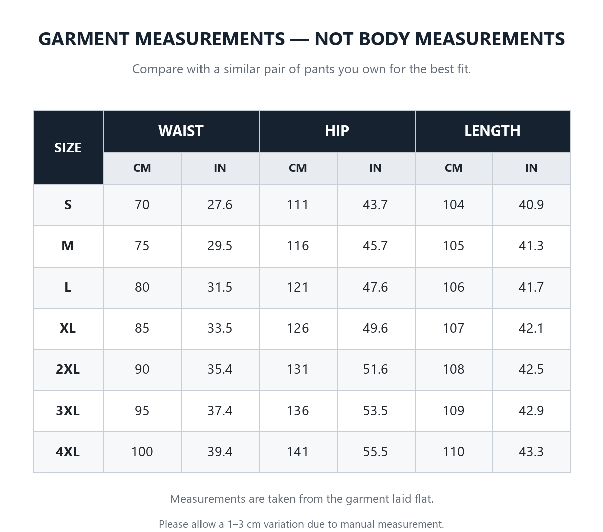 Garment measurements size guide for the waffle corduroy pants in cm and inches