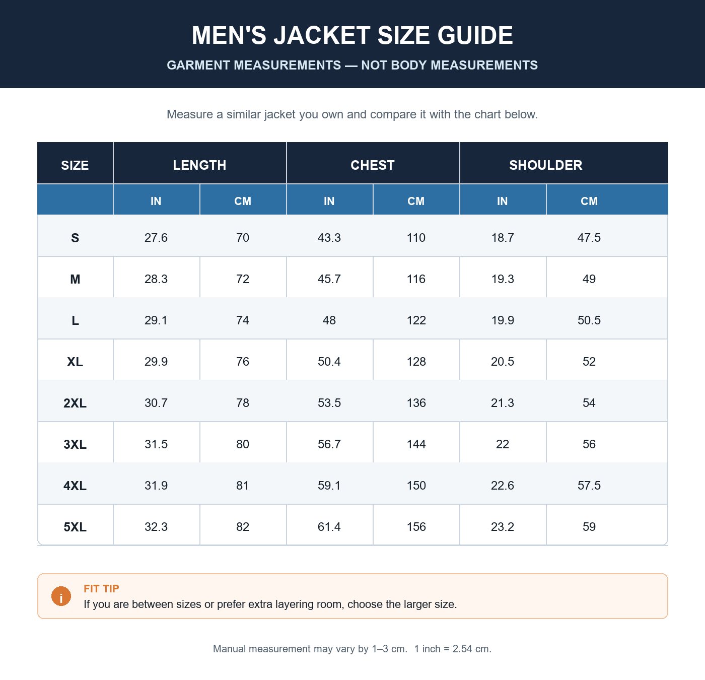 Men's cozy jacket garment size guide in inches and centimeters