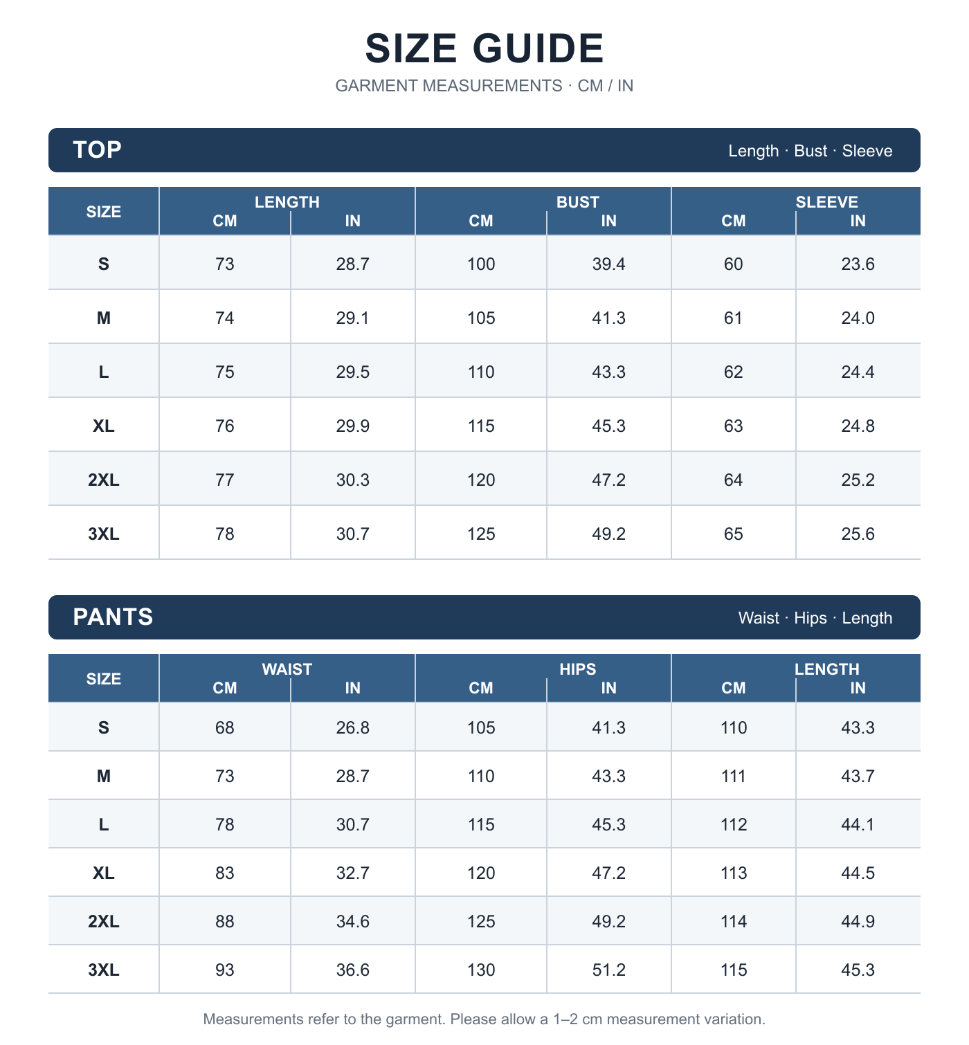 Women’s knit two-piece set garment size guide for top and pants in centimeters and inches