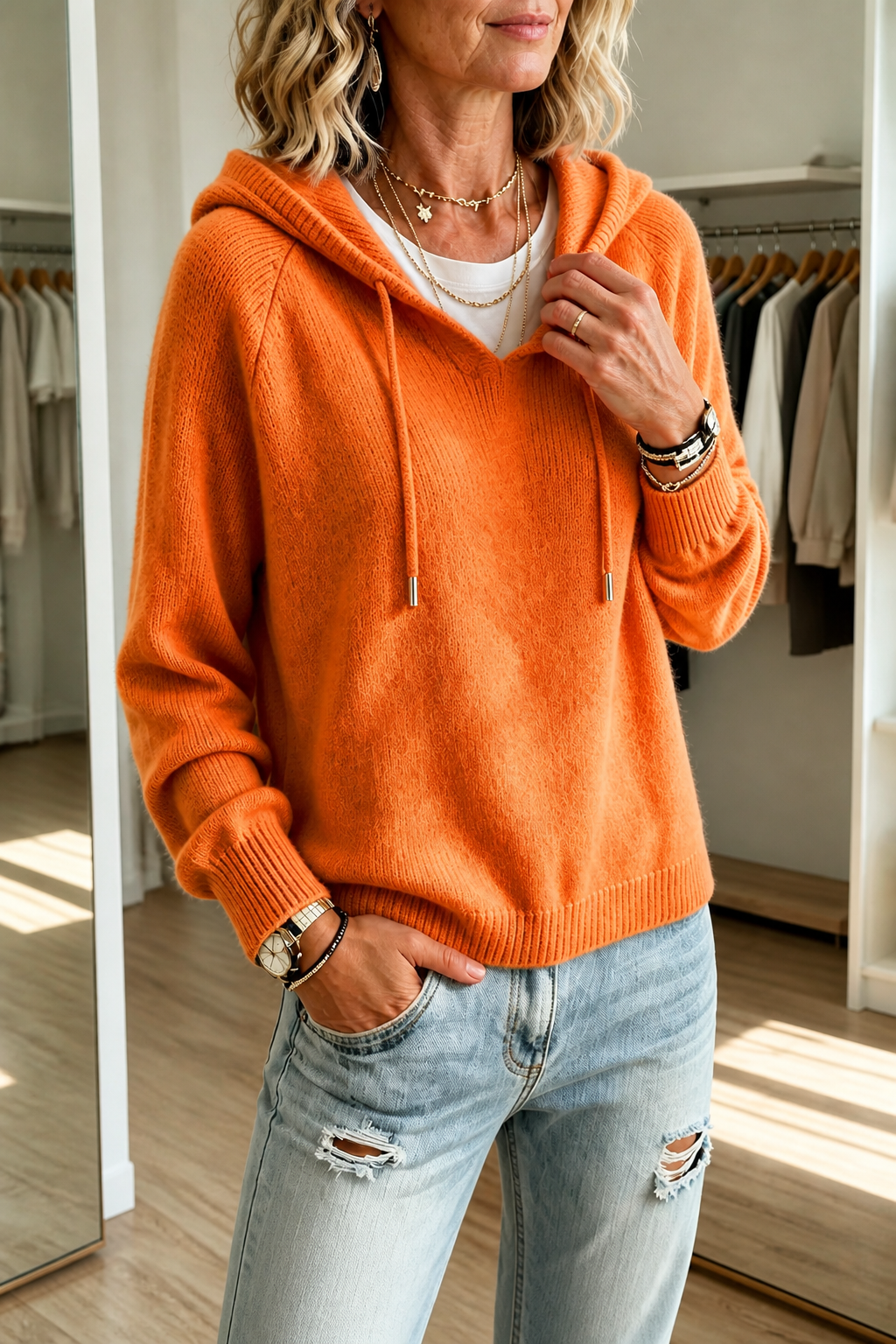 Drawstring Hood Ribbed Knit Pullover