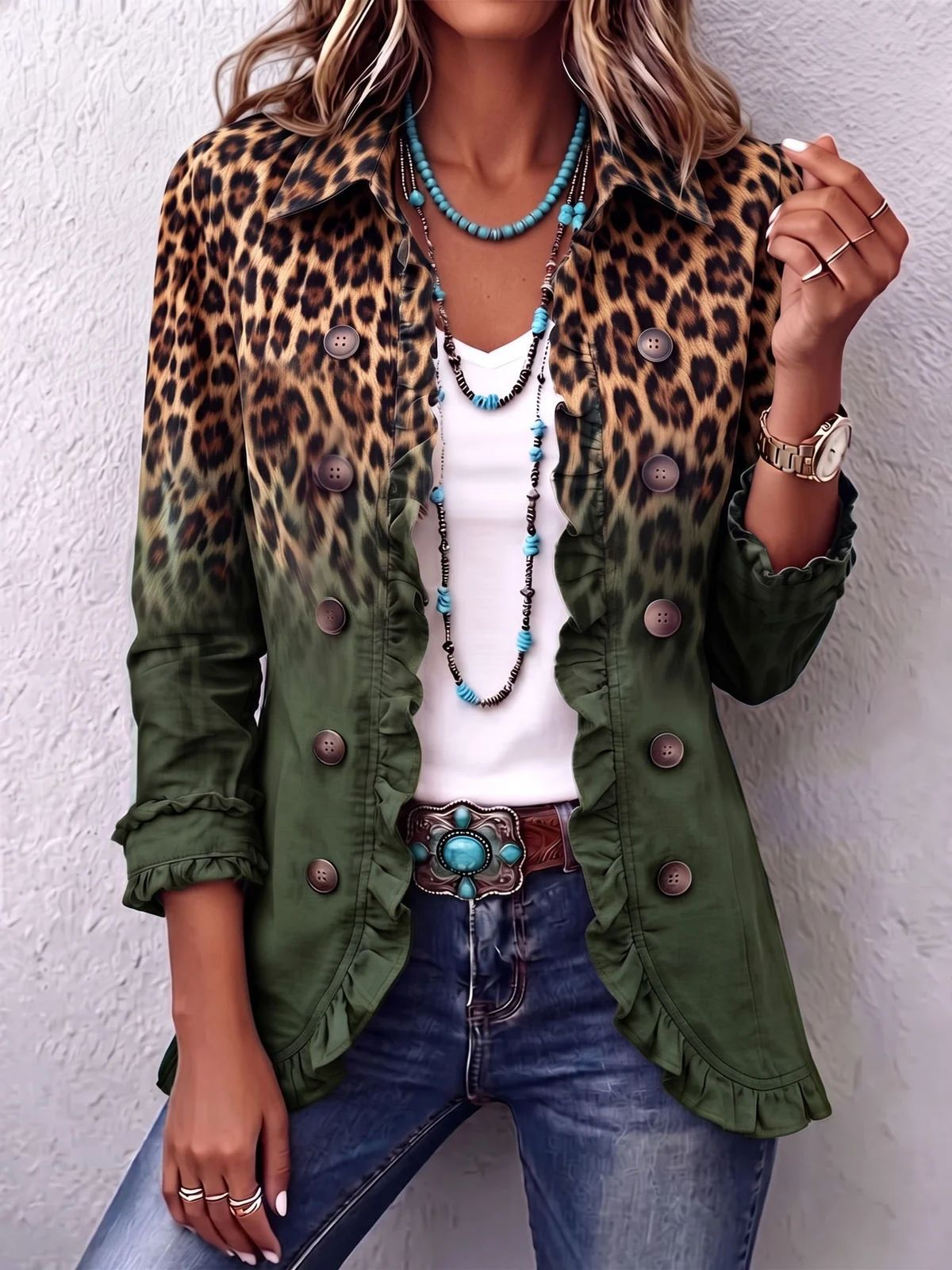 Women's ruffled jacket - Army Green Leopard
