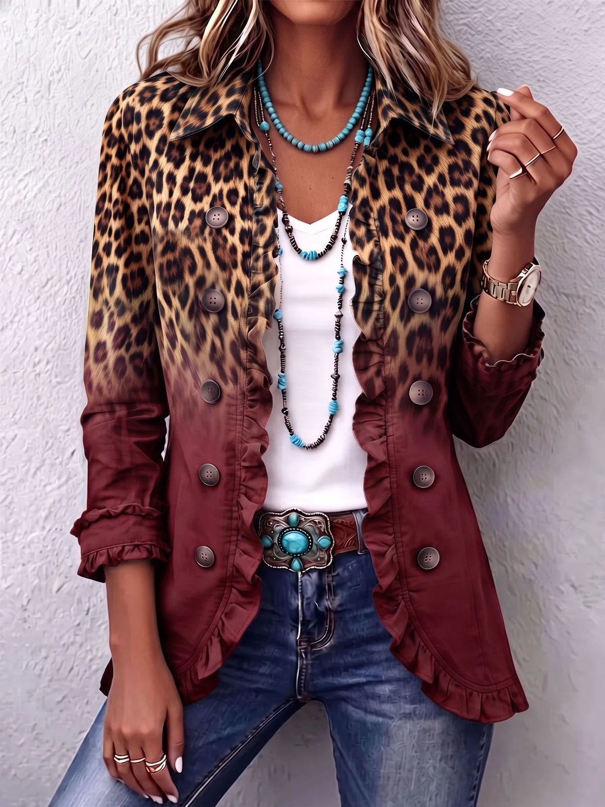Women's ruffled jacket - Red Leopard