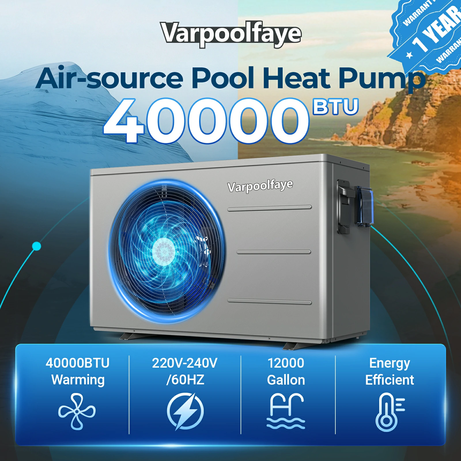 40000 BTU Pool Heater for Above Ground and Inground Pools 220v | Pool Heat Pump Heating or Cooling Up to 12000 Gallon COP 6.2 Energy-efficient, Save 45% WiFi App Control