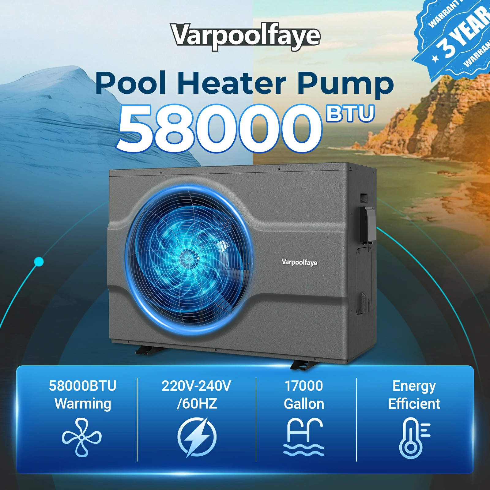 17,000 Gallon Electric Pool Heater for Inground Pools 220V | 58,000 Btu Inverter Swimming Pool Heat Pump For Above Ground Pool With High COP 6.6 Energy Save 45% WiFi App Control