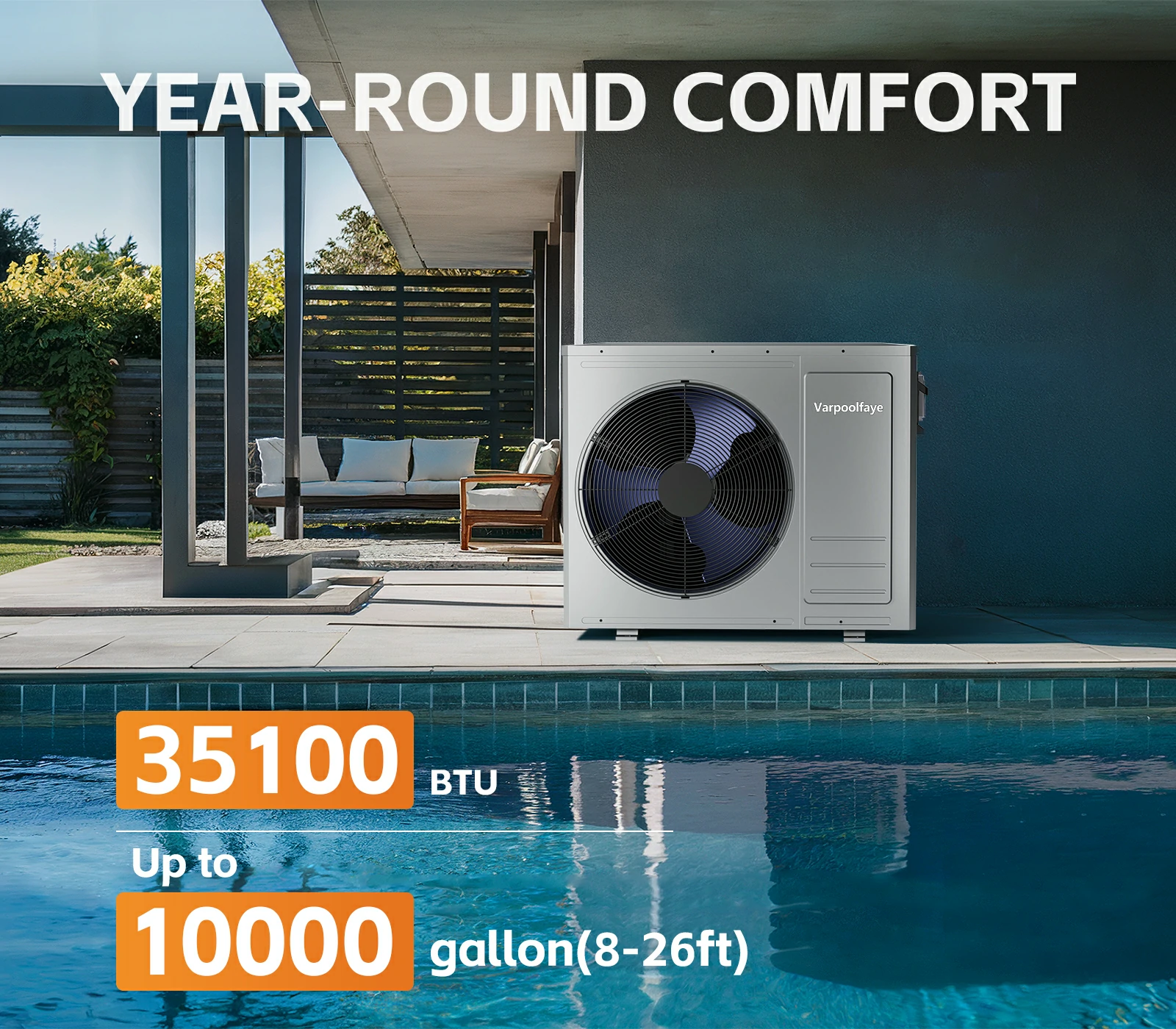 35100BTU Swimming Pool Heat Pumps Up to 10000 Gallons 220v | Utilizes Air-source Tech, Pool Heater For Inground Pools With COP6.5 Offer a Energy-efficient Heating and Cooling Solution