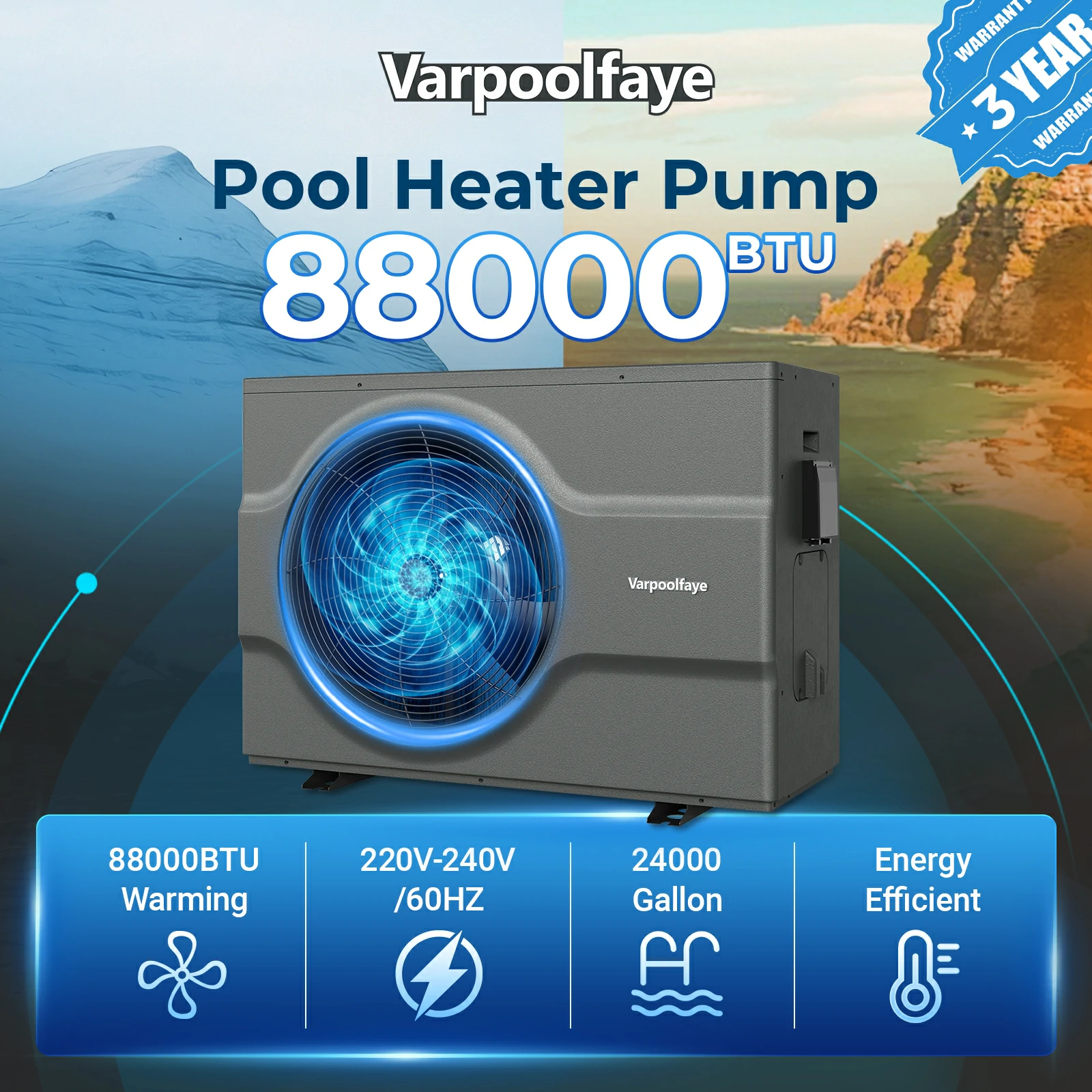 90,000 Btu Inverter Pool Heat Pump for Inground Pools 220V | 25000 Gallon Electric Pool Heater For Above Ground and Inground Pool With High COP 12.5 Energy Save 45% WiFi App Control