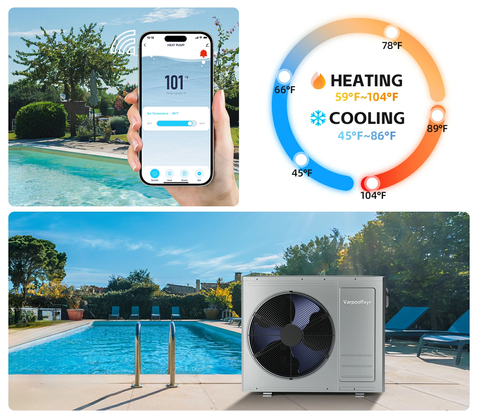 35100BTU Swimming Pool Heat Pumps Up to 10000 Gallons 220v | Utilizes Air-source Tech, Pool Heater For Inground Pools With COP6.5 Offer a Energy-efficient Heating and Cooling Solution