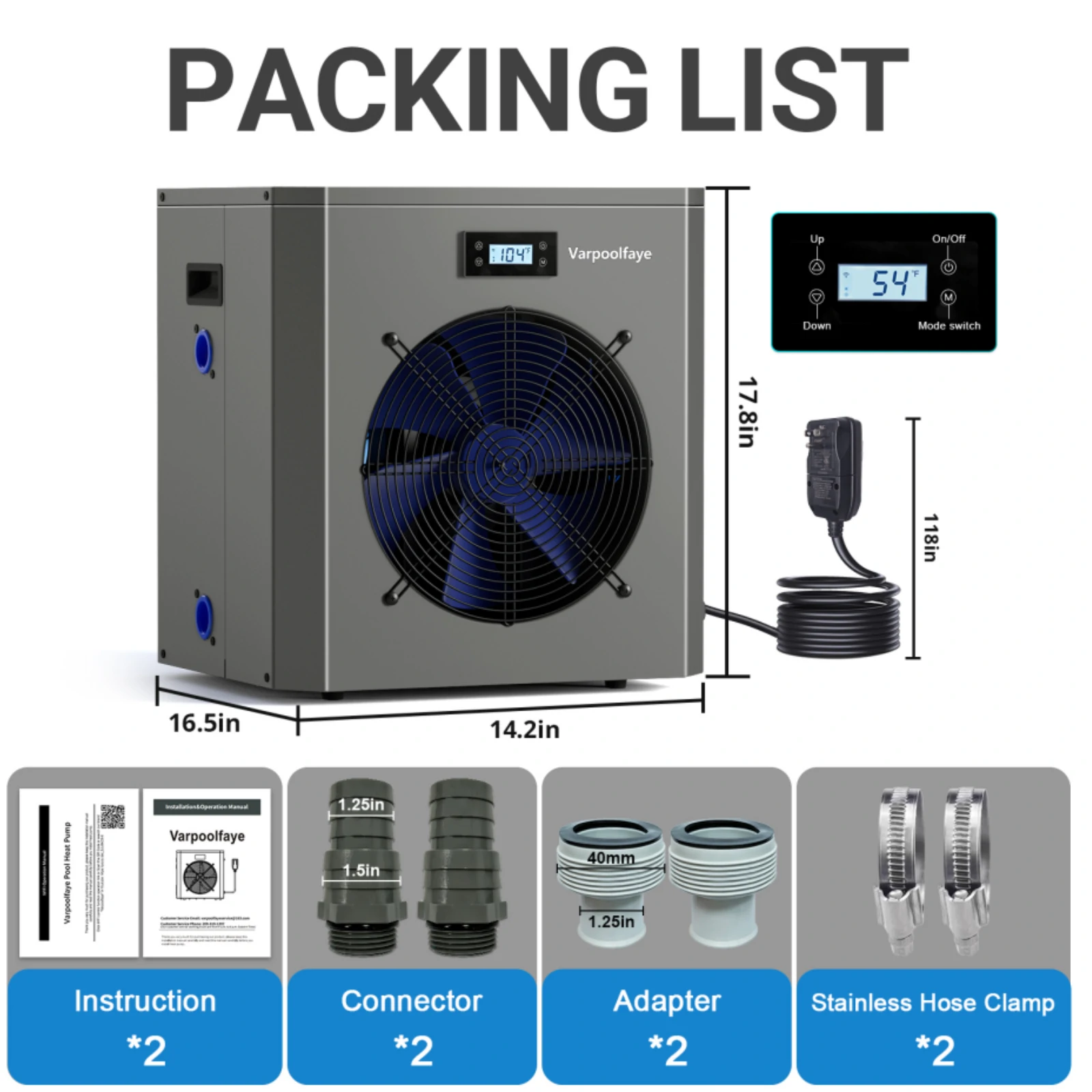 16000 BTU Electric Pool Heater for Above Ground Pool | Swimming Electric Pool Heat Pump For 5000 Gallon With High Efficiency COP 4.3 110V 60Hz Heating or Cooling WiFi Control