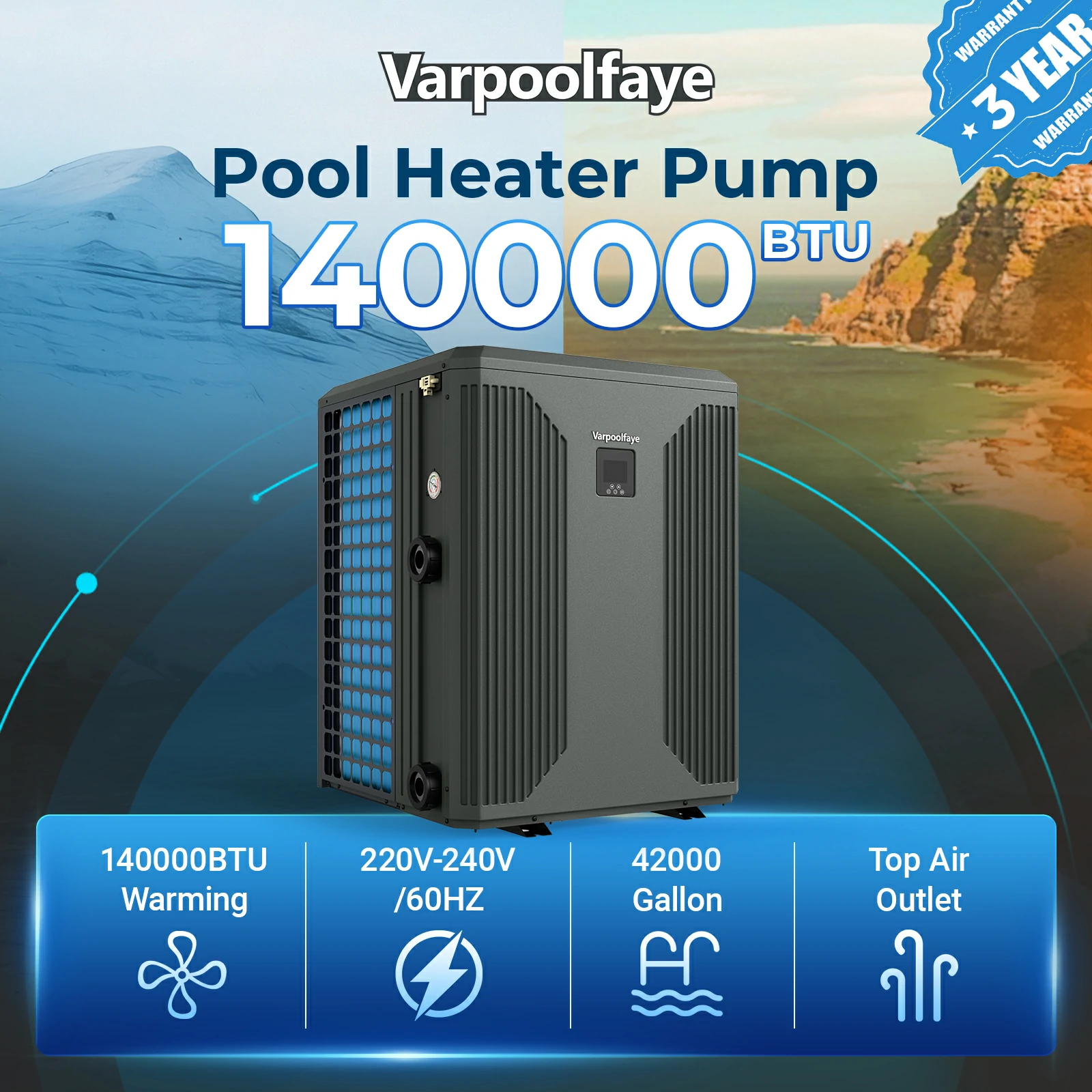 42000 Gallon Swimming Pool heater For Above Ground Pool 220v | 140000 BTU Electric Pool Heat Pump For Inground Pools Heating Cooling WiFi Control Schedule COP 12.8 Energy-efficient 47dB
