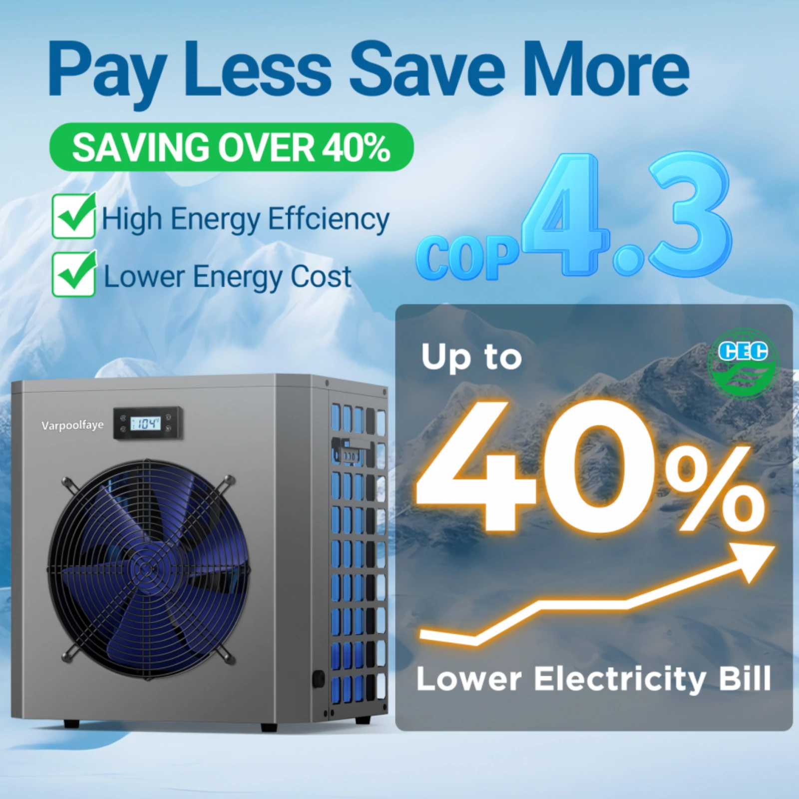 16000 BTU Electric Pool Heater for Above Ground Pool | Swimming Electric Pool Heat Pump For 5000 Gallon With High Efficiency COP 4.3 110V 60Hz Heating or Cooling WiFi Control