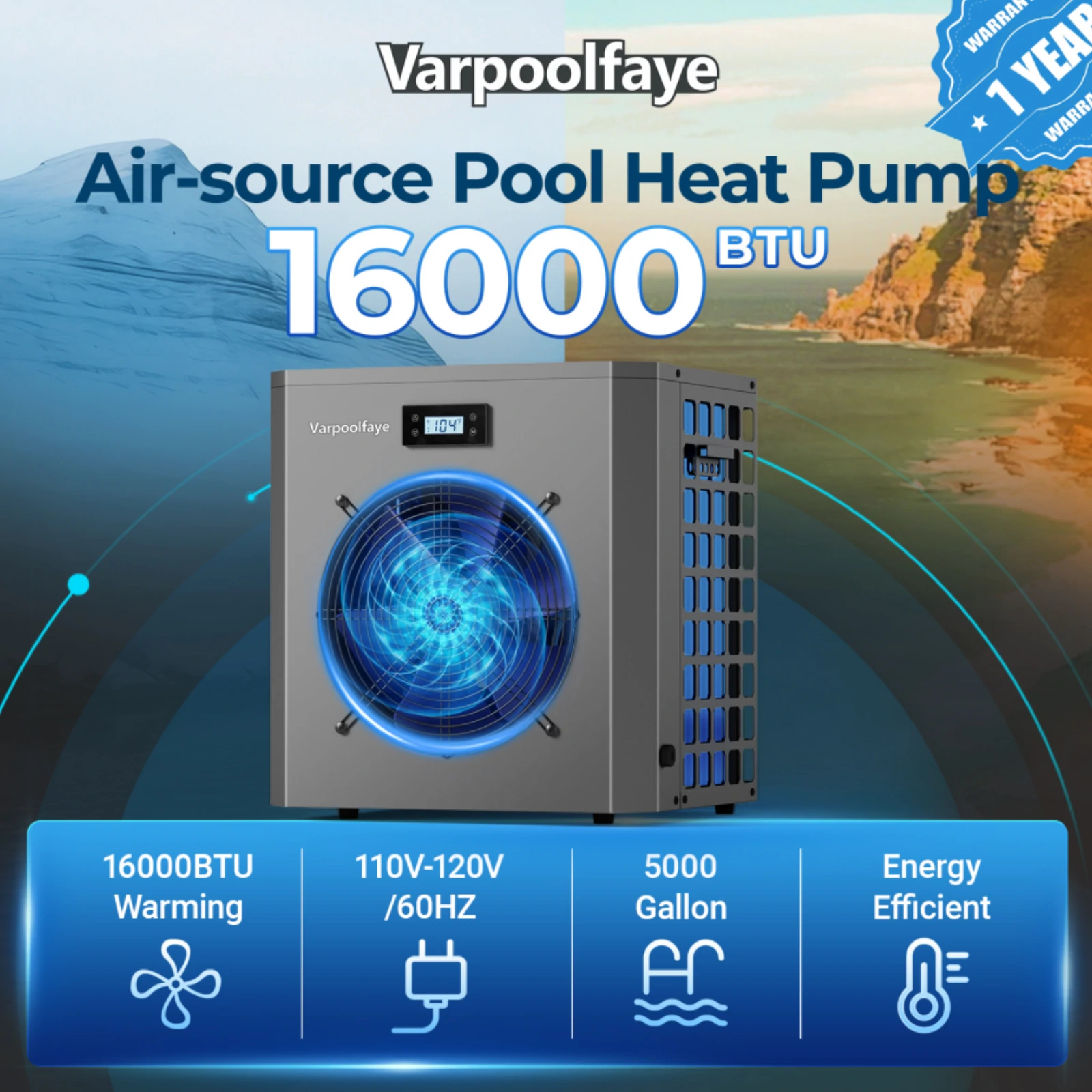 16000 BTU Electric Pool Heater for Above Ground Pool | Swimming Electric Pool Heat Pump For 5000 Gallon With High Efficiency COP 4.3 110V 60Hz Heating or Cooling WiFi Control