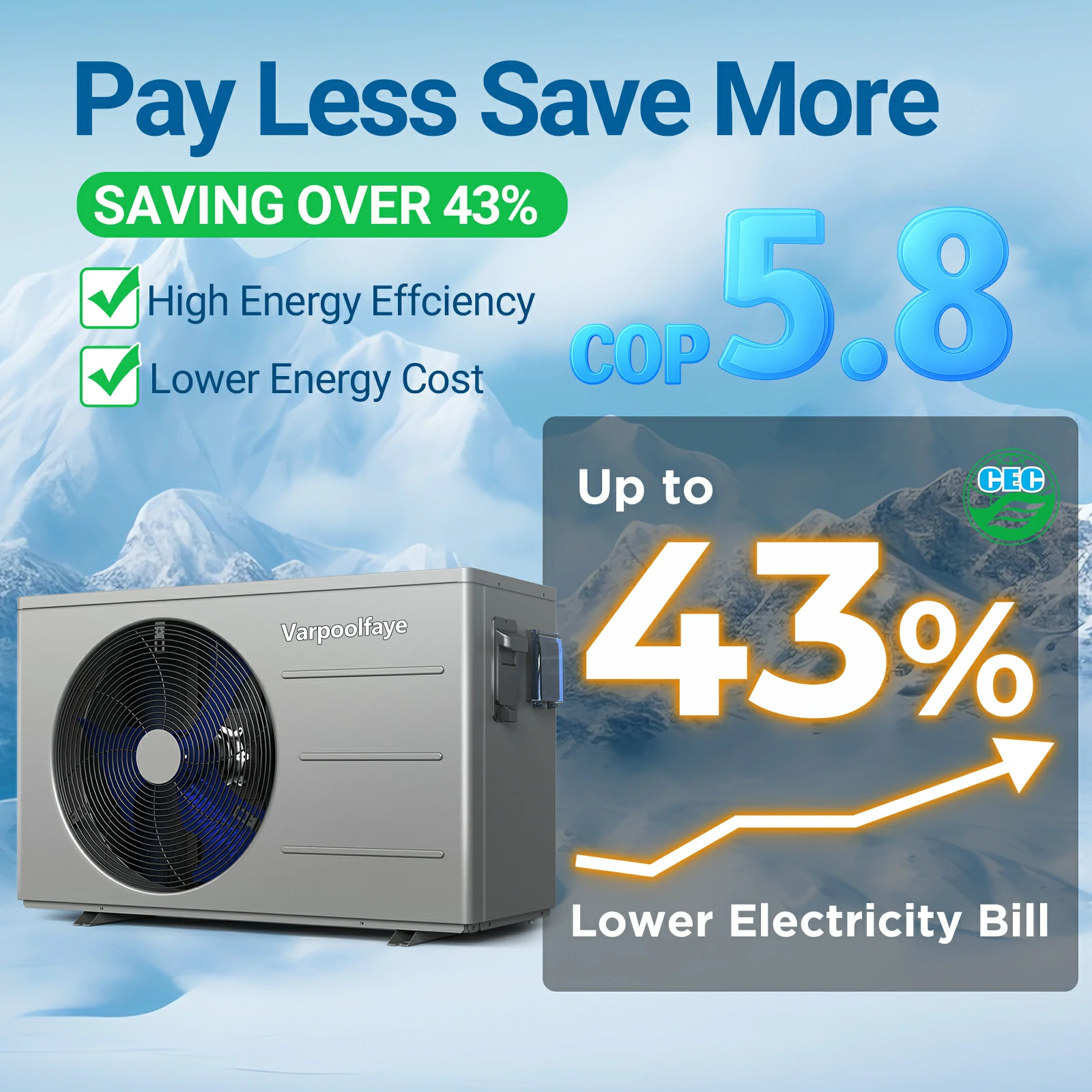16000 BTU Electric Pool Heater for Above Ground Pool | Swimming Electric Pool Heat Pump For 5000 Gallon With High Efficiency COP 4.3 110V 60Hz Heating or Cooling WiFi Control