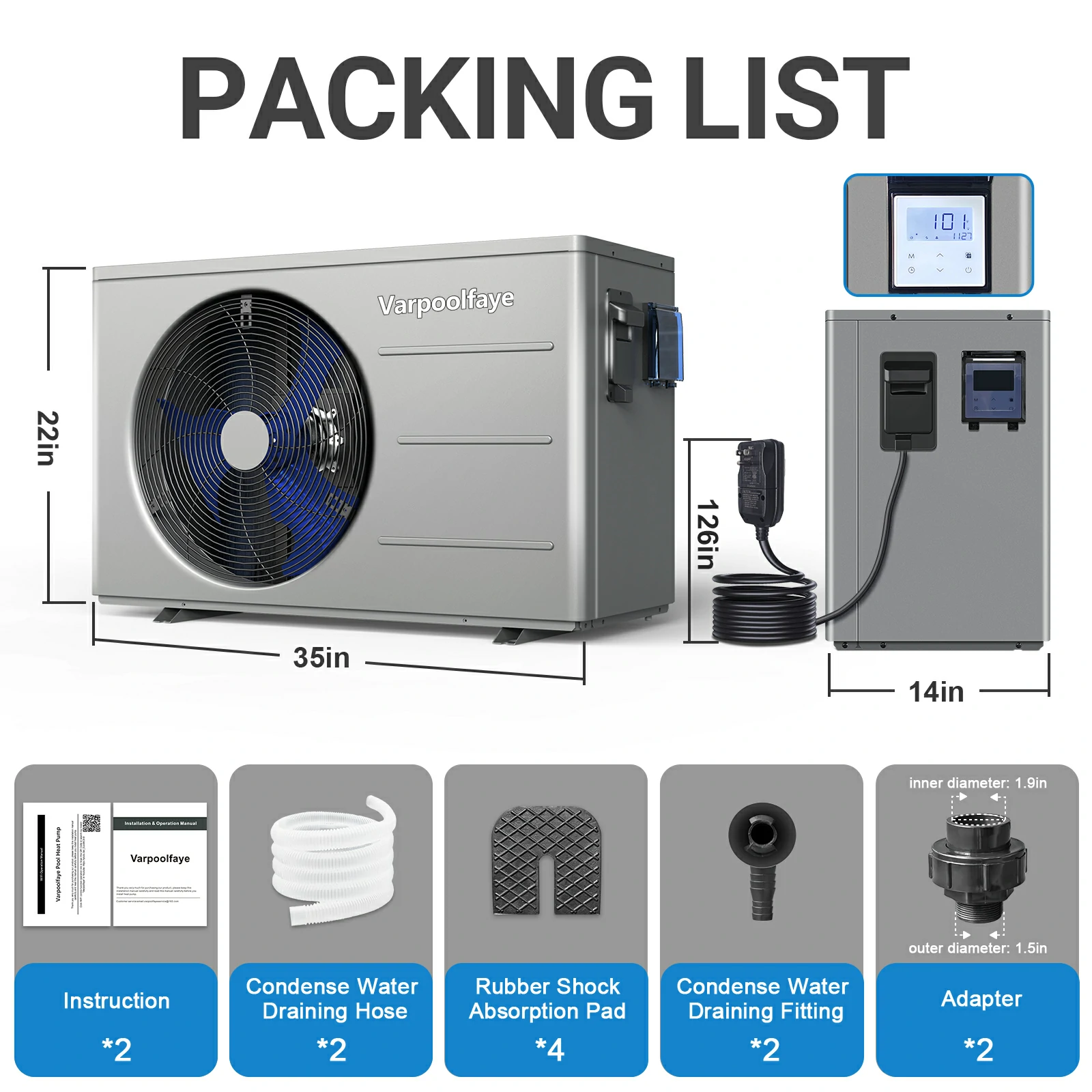 16000 BTU Electric Pool Heater for Above Ground Pool | Swimming Electric Pool Heat Pump For 5000 Gallon With High Efficiency COP 4.3 110V 60Hz Heating or Cooling WiFi Control