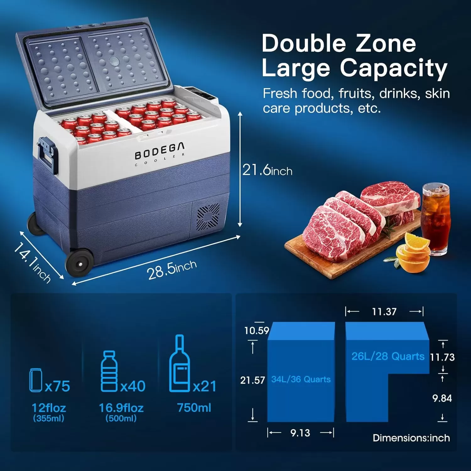 【Upgraded】BODEGACOOLER 12 Volt Refrigerator, Portable Freezer, Car Fridge Dual Zone WIFI APP Control, 53 Quart（50L）-4℉-68℉ RV Car Cooler 12/24V DC and 100-240V AC for Outdoor, Vehicles, Camping