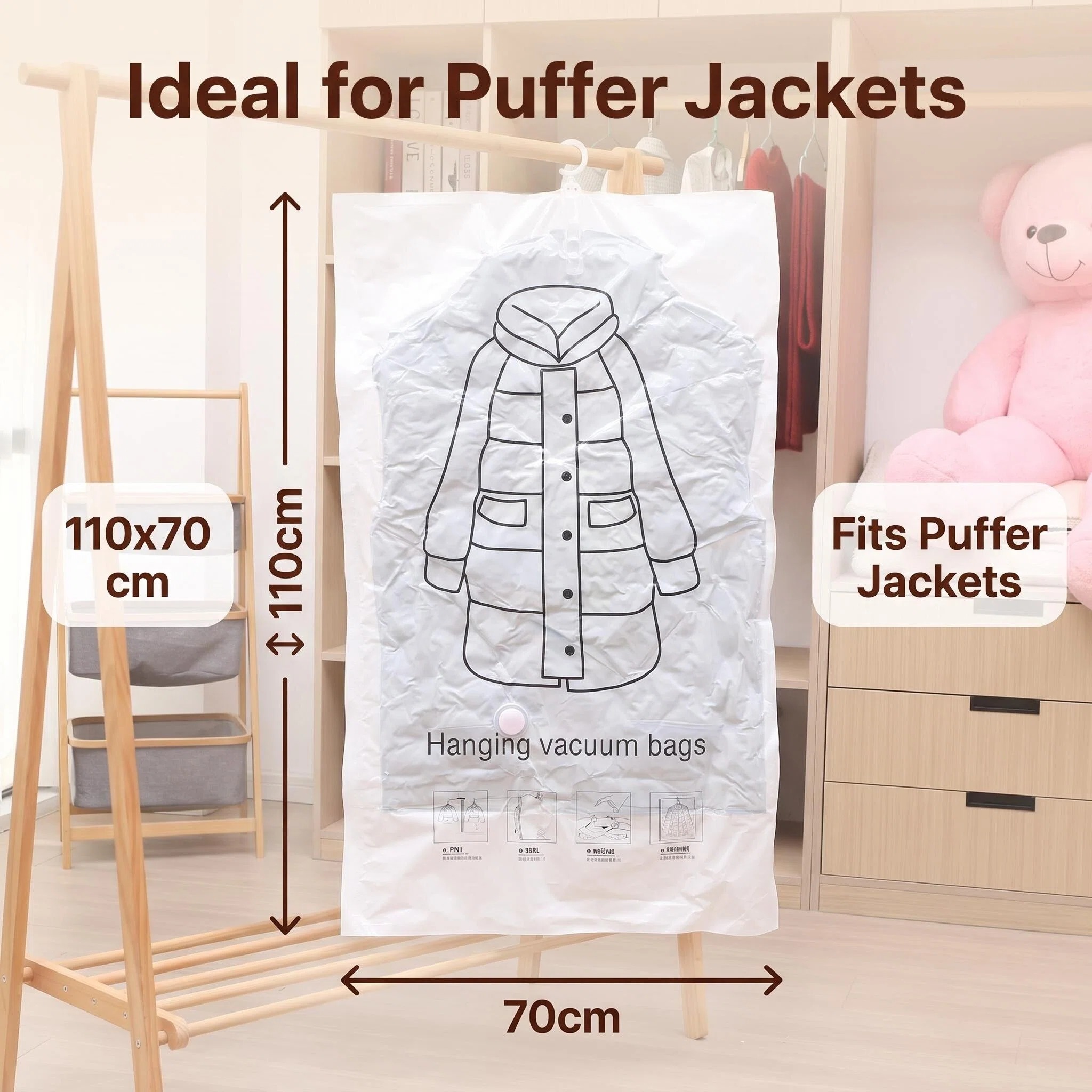 Hanging compression bag for closet storage, down jacket compression bag, coat clothing vacuum dust cover