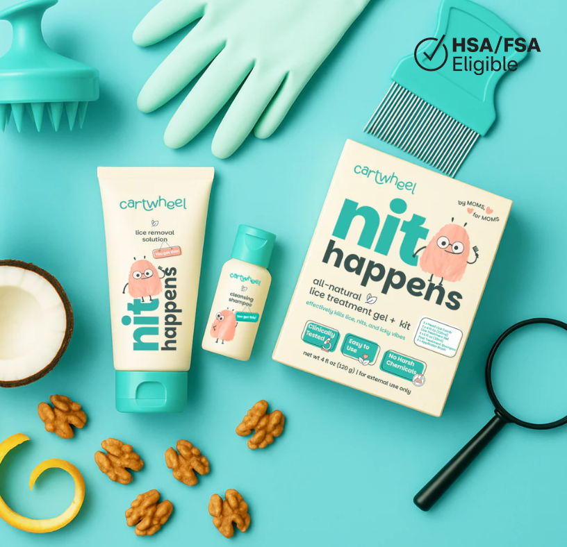 Nit Happens lice treatment kit laid out on teal: treatment gel, removal shampoo, applicator brush, metal lice comb and gloves, with coconut and walnut shells