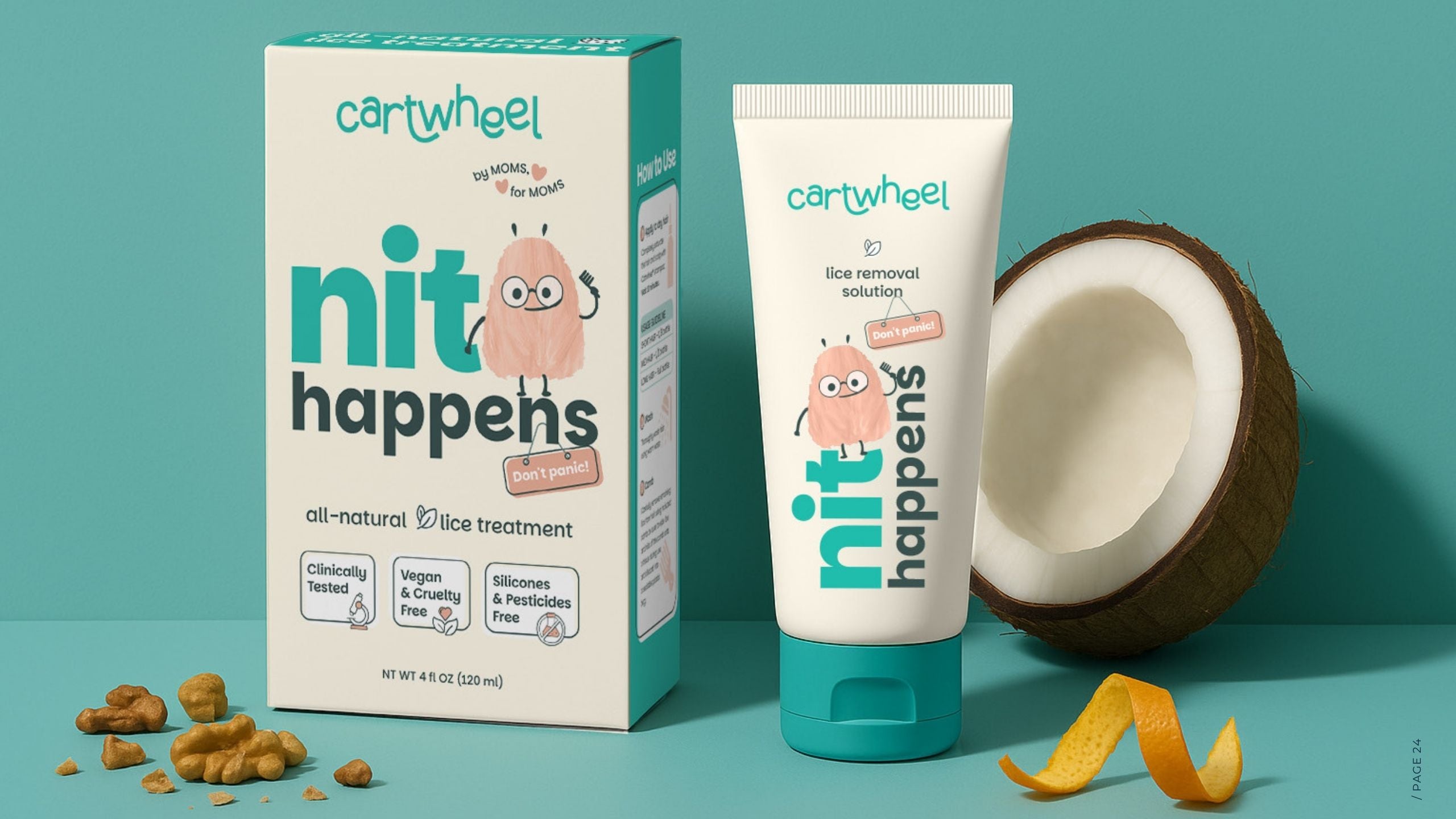 Nit Happens all-natural lice treatment box and lice removal solution tube with coconut, walnuts and orange peel on a teal background