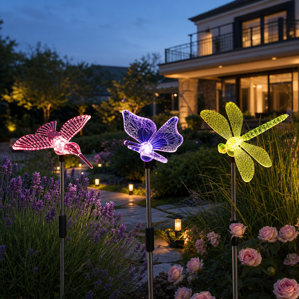Solar Garden Lights, 3-Pack Butterfly, Hummingbird & Dragonfly LED Stake Lights for Yard, Patio & Lawn